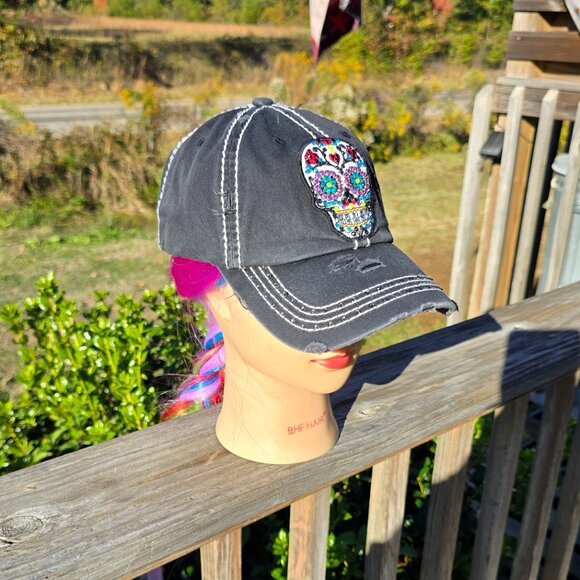 Ladies Black Faded Sugar Skull BLING Hat NEW No Tags - Picture 2 of 4